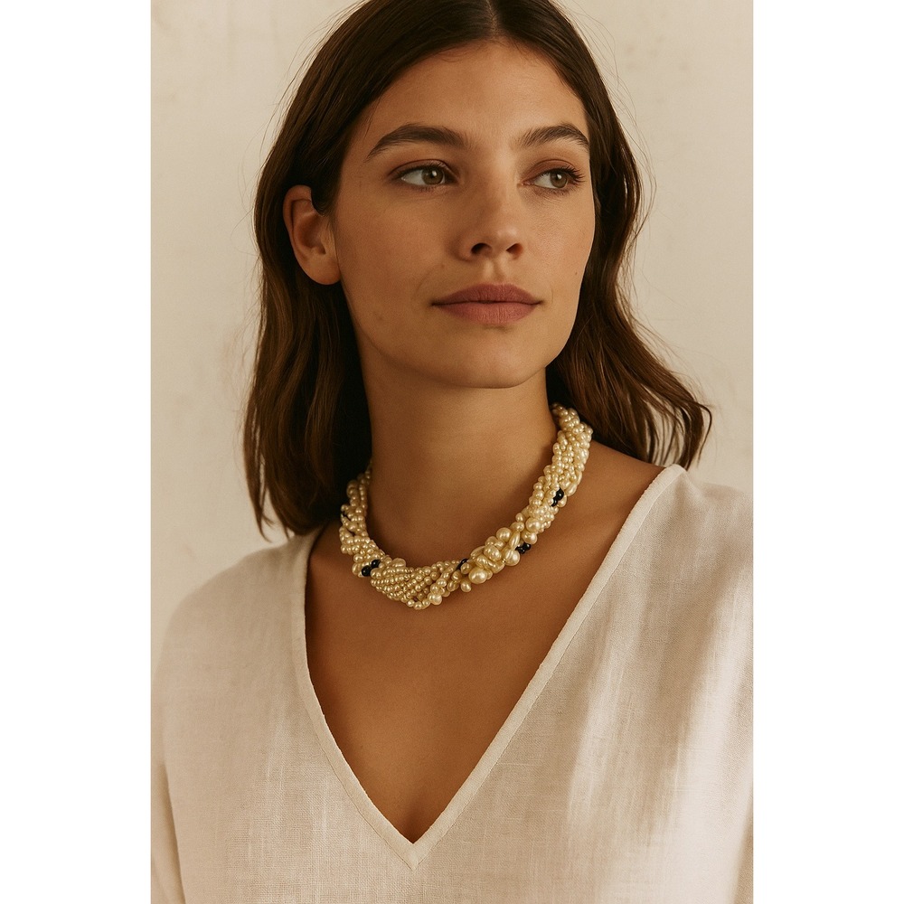 VTG Multi-Strand Pearl Beaded Necklace Twist Rope Choker Ivory Cream Gold
